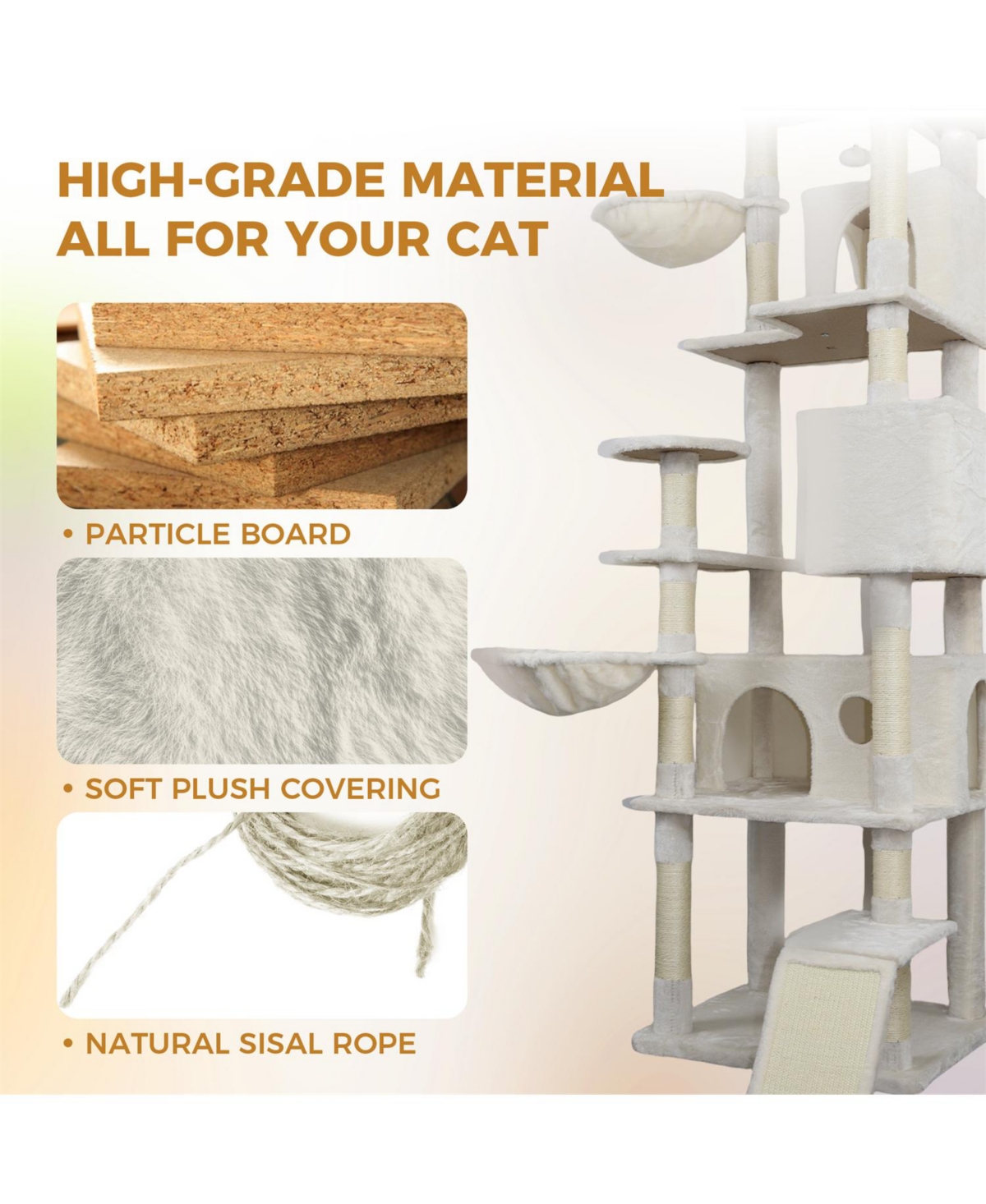Aostirmotor 84" Beige Cat Tree Tower with Large Condo, Sisal Scratching Post & Hammock