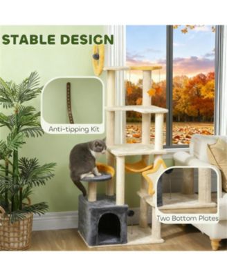 63" Moon & Star Themed Cat Tree with Condo, Scratching Posts & Cat Bed