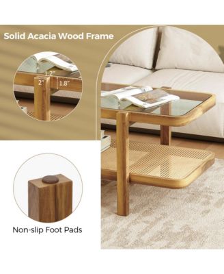 2-Tier Rustic Coffee Table with Storage Tempered Glass Tabletop PE Rattan Shelf