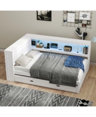 Full Size Wood Daybed with Storage Shelves, USB, LED, and Trundle