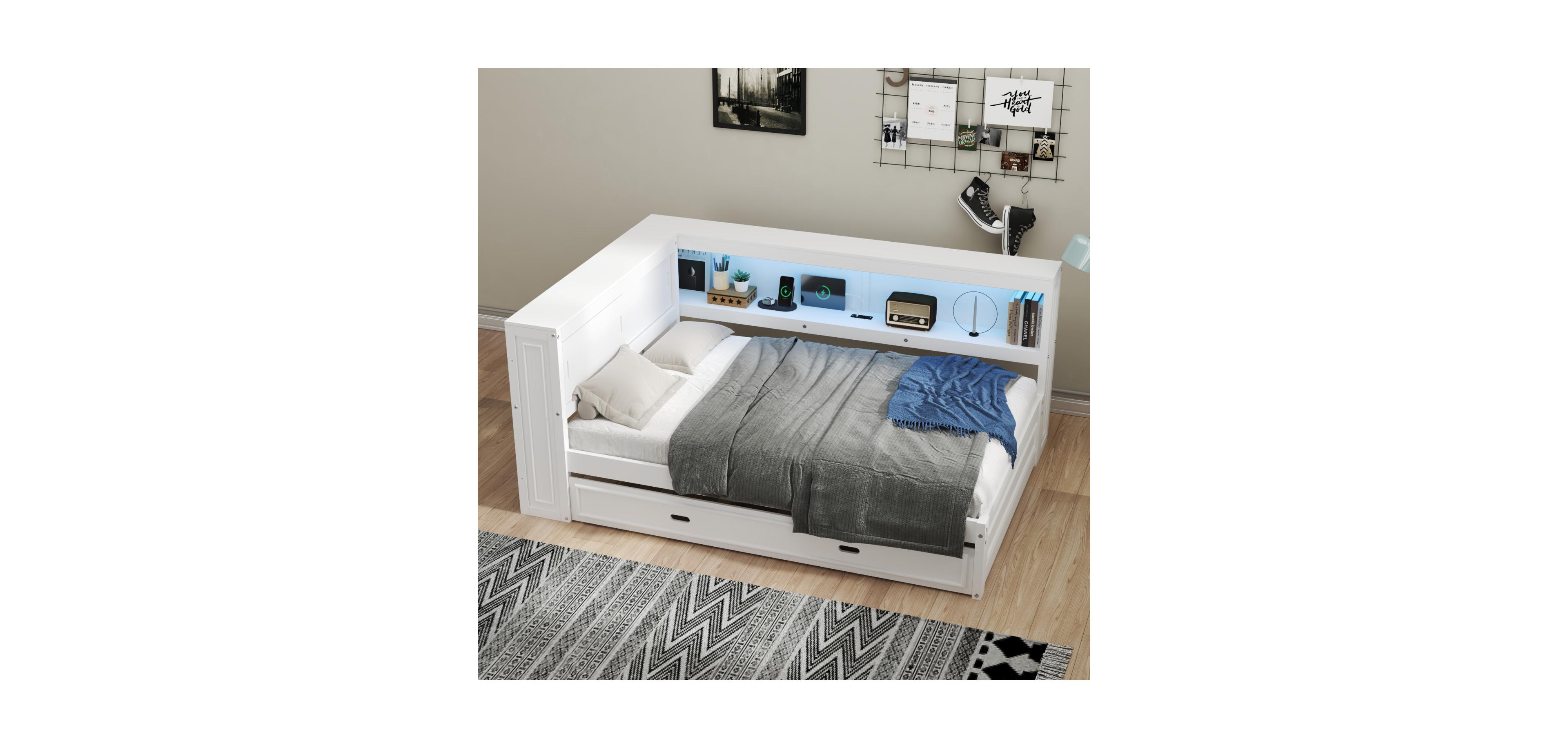Streamdale Furniture Full Wood Daybed with Storage Shelves, Usb, Led, and Trundle