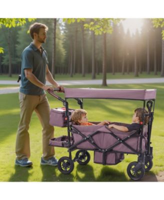 Wagon Stroller for 2 Kids Folding Push-Pull Stroller with Canopy Purple