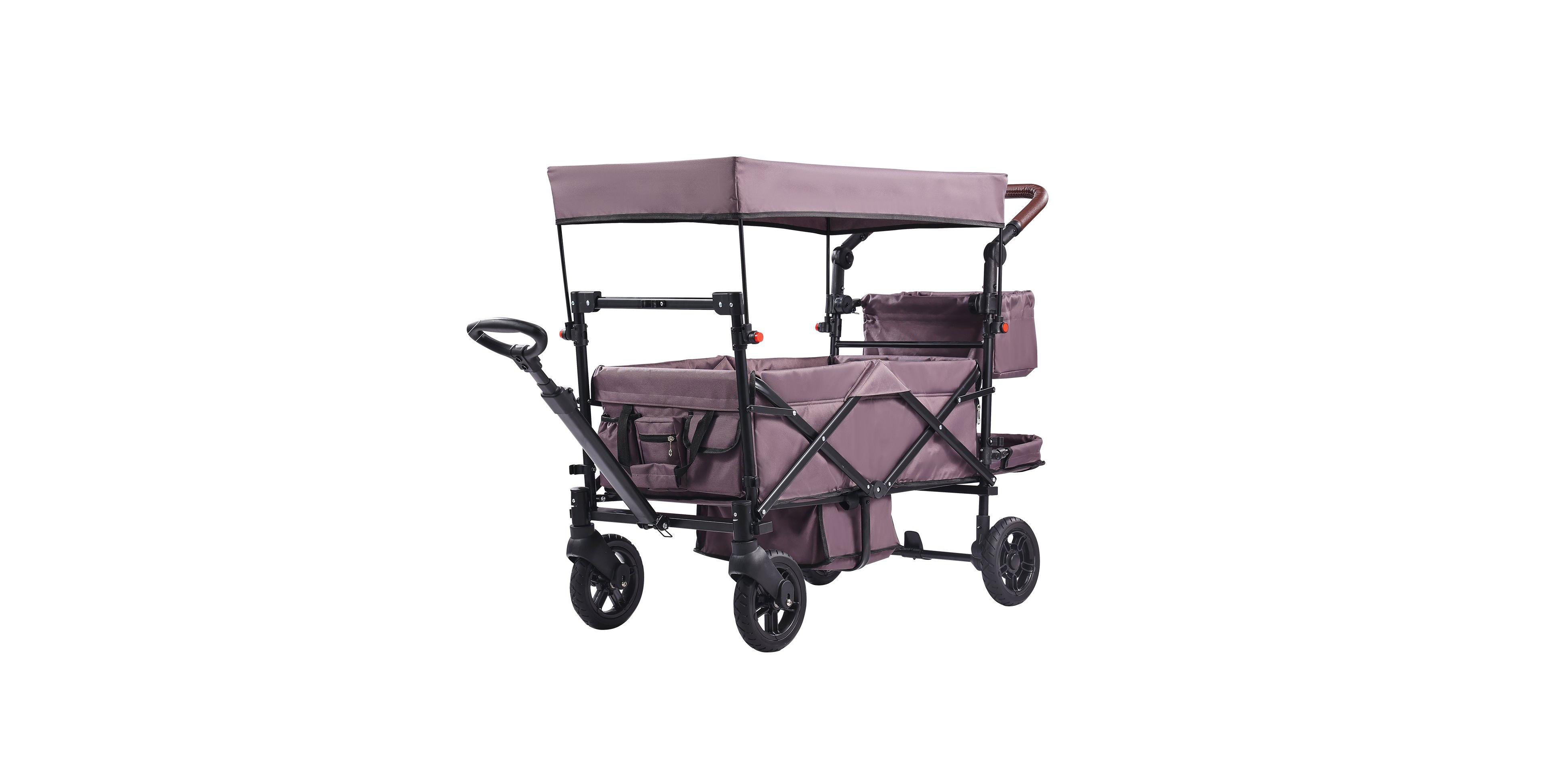 Sugift Wagon Stroller for 2 Kids Folding Push-Pull Stroller with Canopy Purple