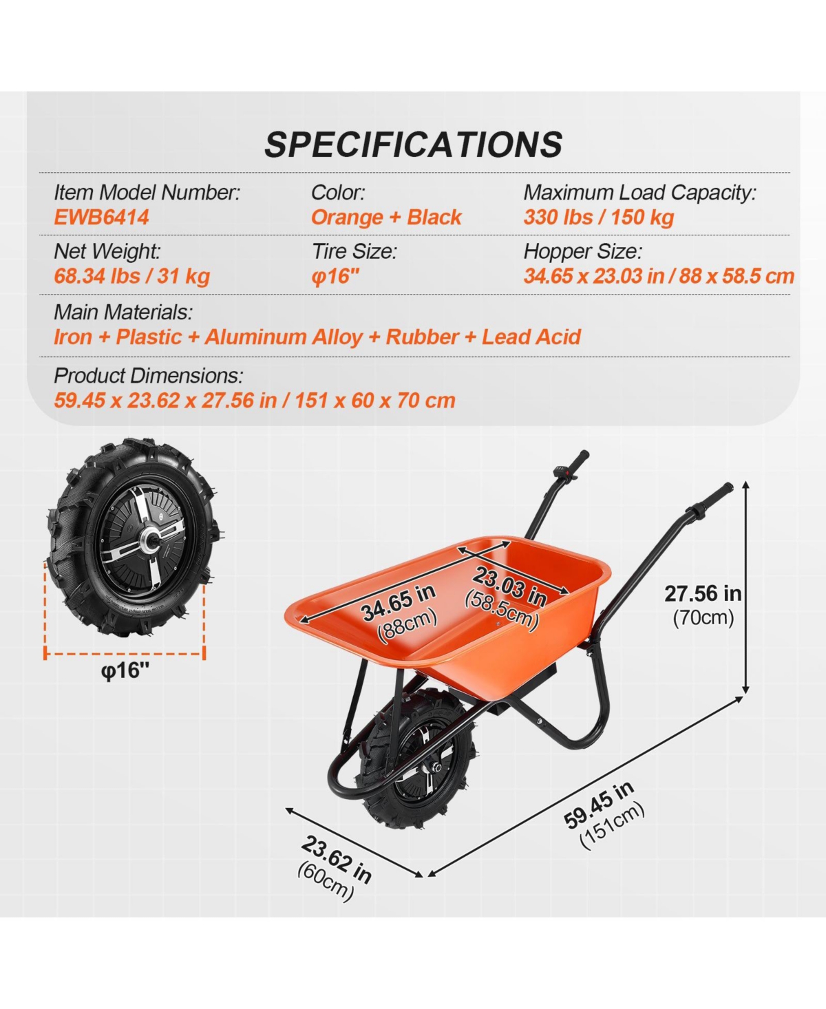 Sugfit 500W Electric Wheelbarrow with Power Drive & Large Hopper