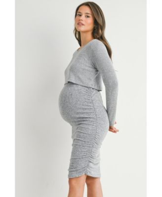 Maternity Long Sleeve Ribbed Side Ruched Nursing Dress