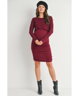 Maternity Long Sleeve Ribbed Side Ruched Nursing Dress