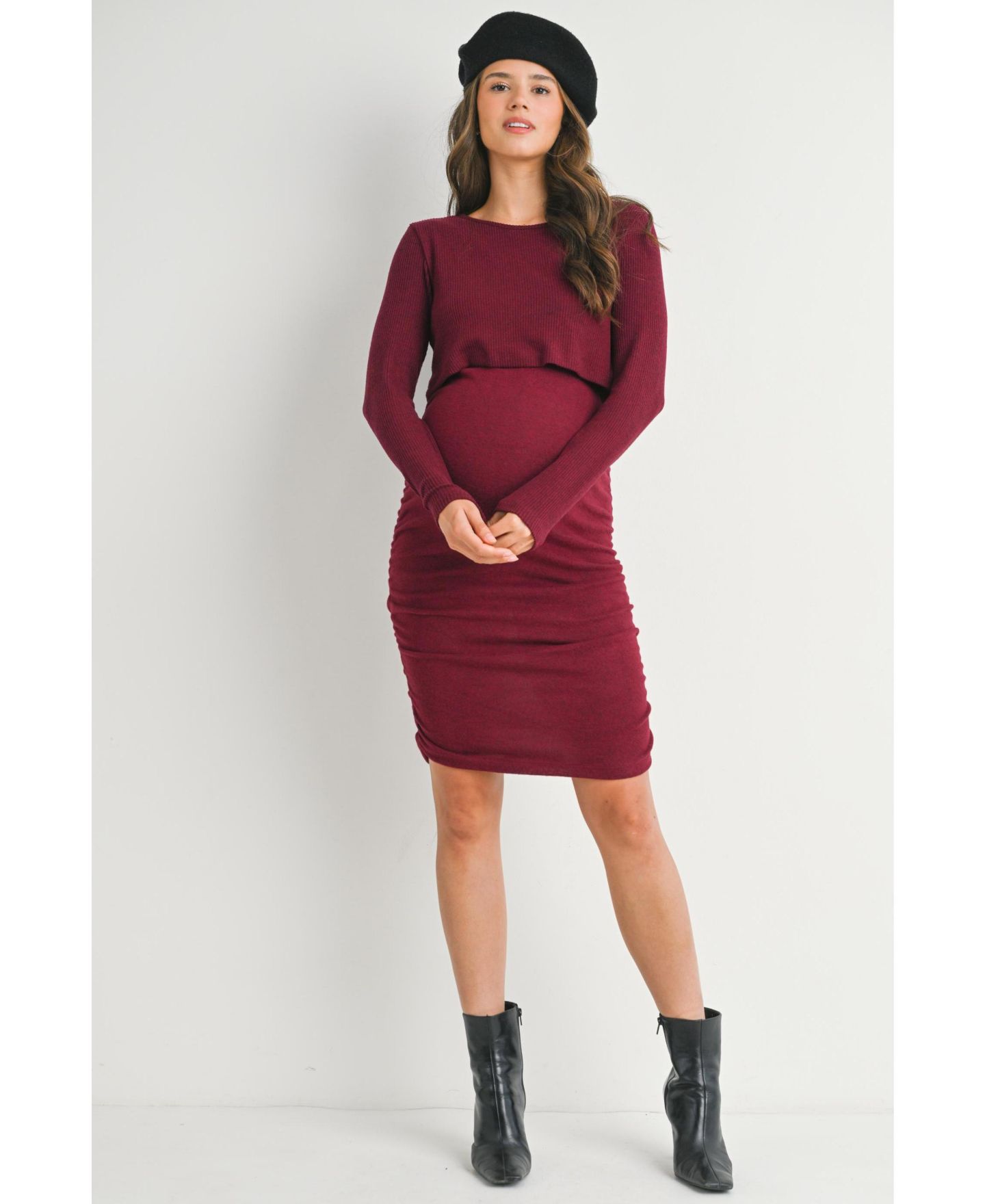 Женское платье Hello Miz Long Sleeve Ribbed Side Ruched Nursing, цвет: Бордовый — фото 4