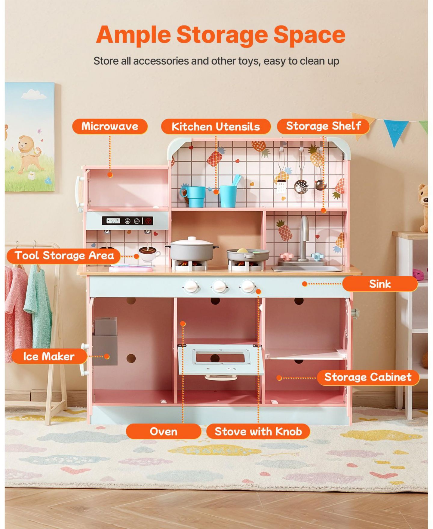 Детские игрушки SUGIFT Electronic Sounds & LED Lights 24-Piece Play Kitchen Set, Ages 3+, цвет: Розовый — фото 10
