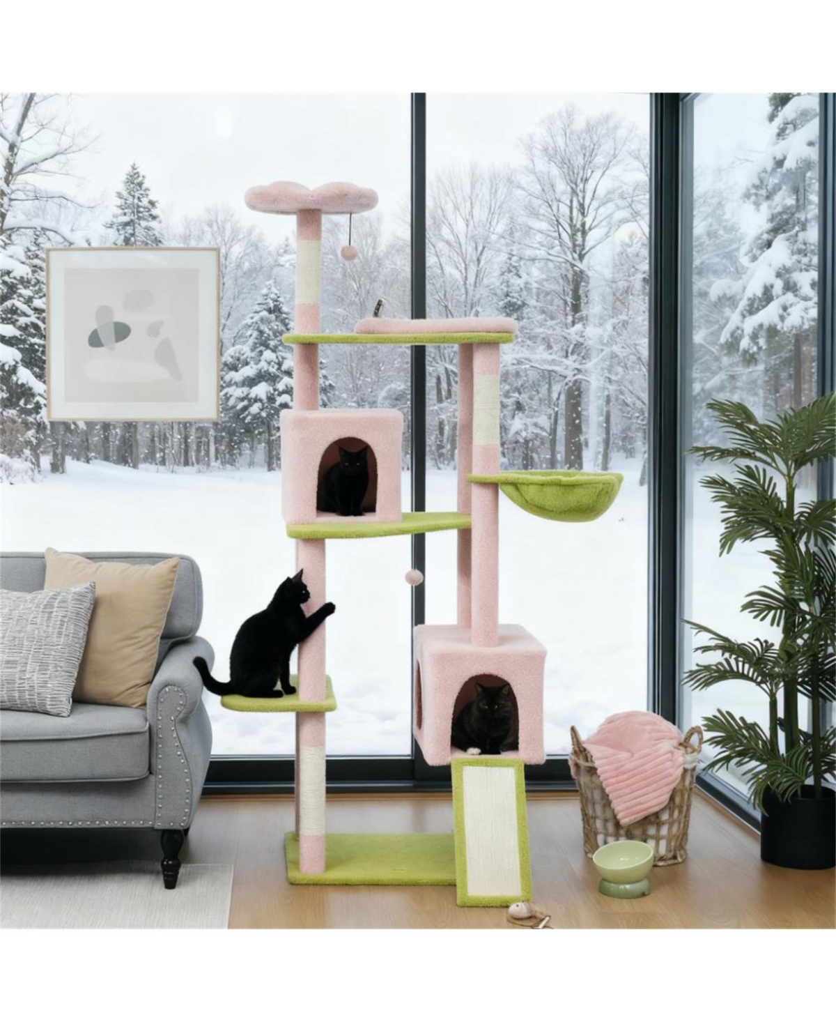 Aostirmotor 74" Flower Cat Tree with Scratching Post & Board in Pink