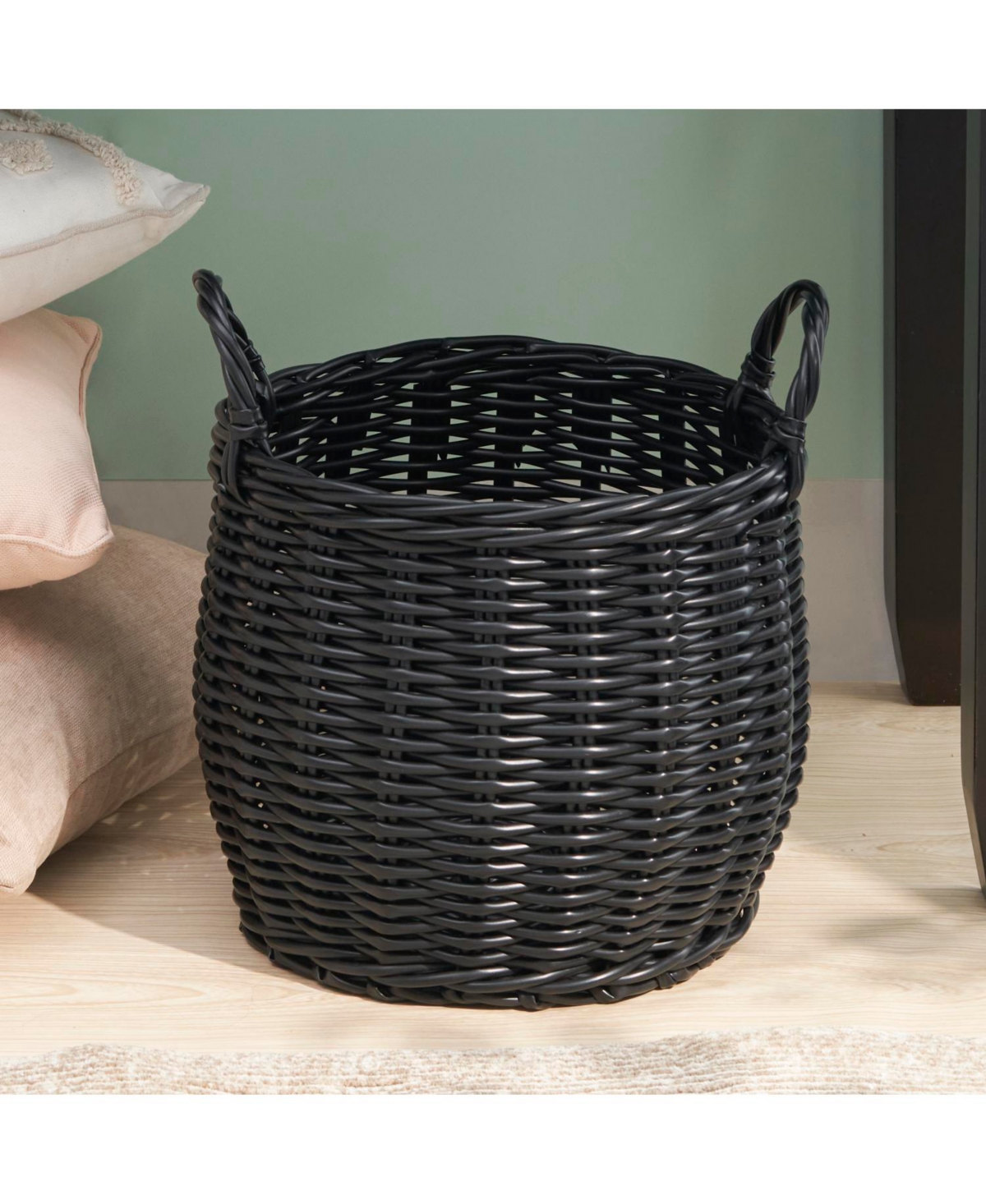 Rainsken Round Resin Woven Hamper Basket, with Handles, Multi-Purpose Organizer, for Decoration in Bedroom, Living Room, Laundry Room, Entryway