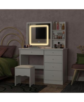 5-Drawers White Makeup Vanity Sets Dressing Table Sets with LED Dimmable Mirror, Stool and 3-Tier Storage Shelves