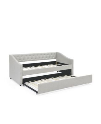 Twin Size Daybed with Twin Size Trundle Upholstered Tufted Sofa Bed with Button on Back and Copper Nail on Waved Shape Arms