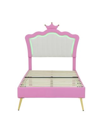 Twin Upholstered Bed with LED Lights & Crown Headboard, Pink/White Princess Style