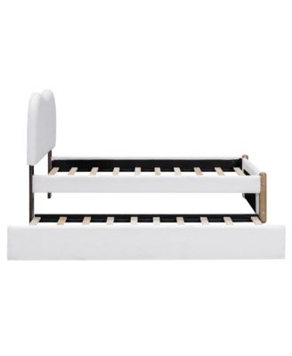 Twin Size Upholstered Platform Bed with Wood Supporting Feet and Twin Size Trundle