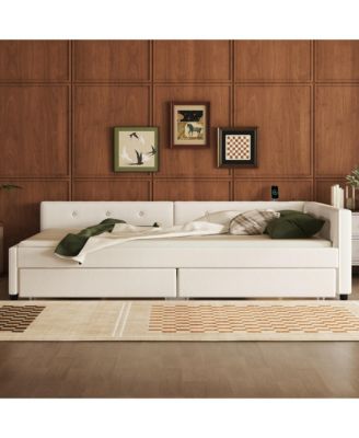 Queen Size Upholstered Platform Bed with USB and 2 Drawers Beige