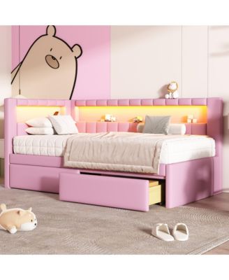 Upholstered Twin Size Platform Bed with USB Ports and LED Belt With 2 Drawers