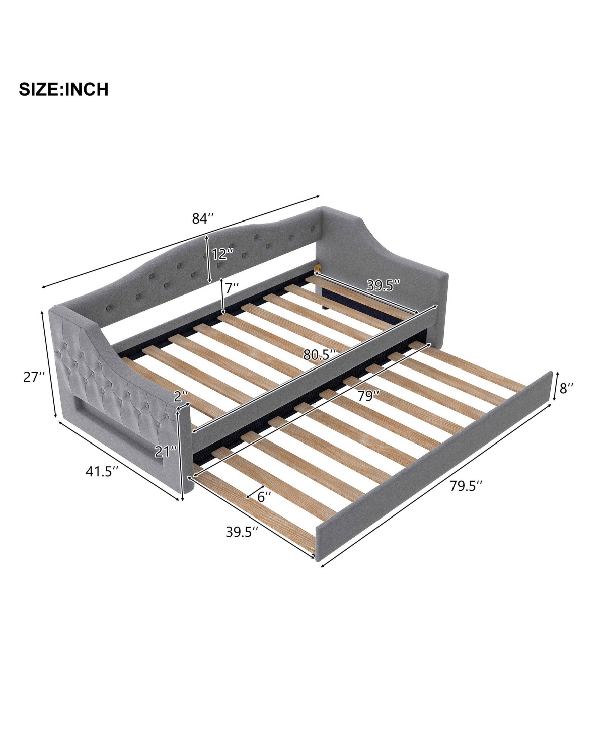 Upholstered Twin Xl Size Daybed with Led Belt and Trundle Gray
