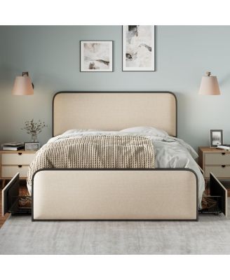 Modern Metal Bed Frame with Curved Upholstered Headboard and Footboard Bed with 4 Storage Drawers Heavy Duty Metal Slats King Size Beige