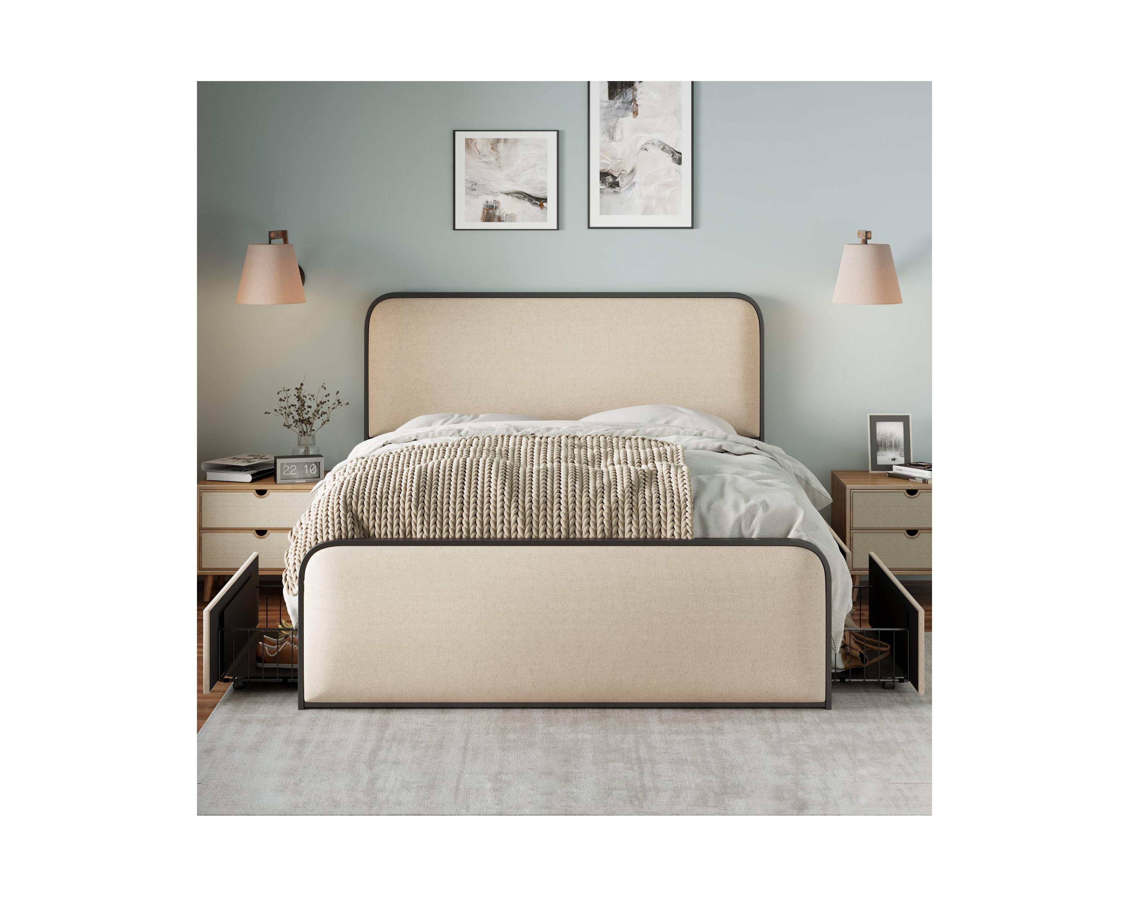 Lovmor Modern Metal Bed Frame with Curved Upholstered Headboard and Footboard Bed with 4 Storage Drawers Heavy Duty Metal Slats King Size Beige