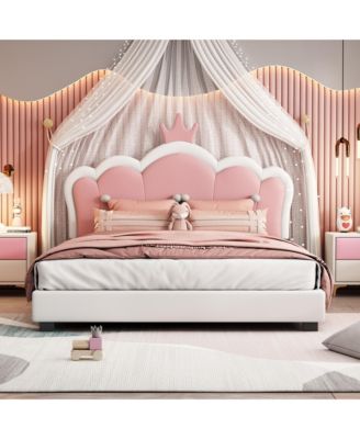 Full size Upholstered Princess Bed With Crown Headboard Full Size Platform Bed with Headboard and Footboard Cream+Pink