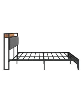 Full Size Bed Frame with Charging Station Upholstered Headboard Metal Platform Grey
