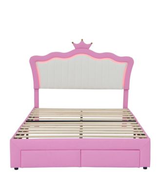 Full Size Upholstered Bed Frame with LED Lights Modern Upholstered Princess Bed with Crown Headboard 2 Drawers Pink+White