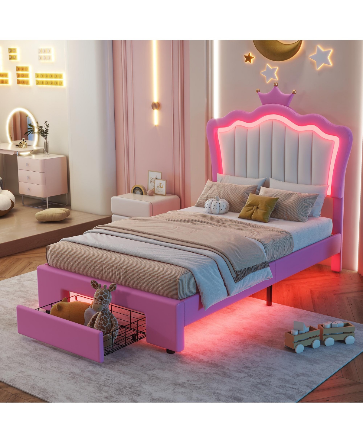 Lovmor Twin Size Upholstered Bed Frame with Led Lights Modern Upholstered Princess Bed with Crown Headboard a Drawer