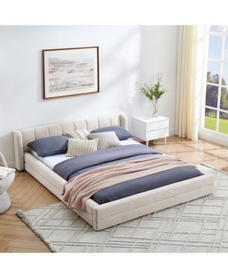 Queen Size Upholstered Bed Frame with Thick Fabric Chenille Fabric Grounded Queen Size Platform Bed with Headboard and Solid Frame-Beige