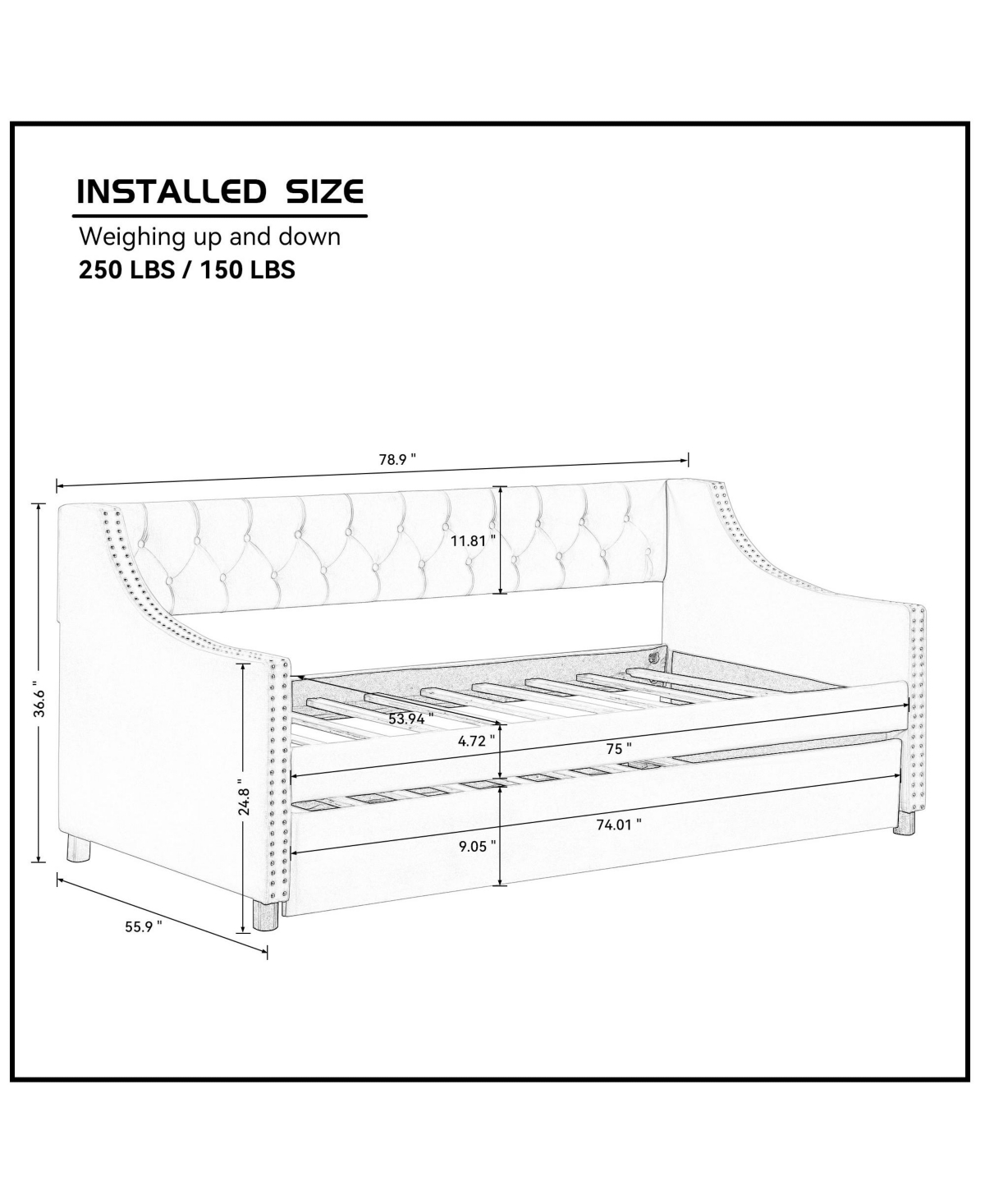 Daybed with Trundle Upholstered Tufted Sofa Bed with Button and Copper Nail on Arms full Size Beige