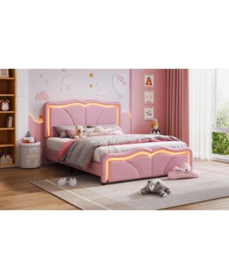 Full Size Upholstered Platform Bed with Curve Shaped and Height-adjustbale Headboard LED Light Strips Pink