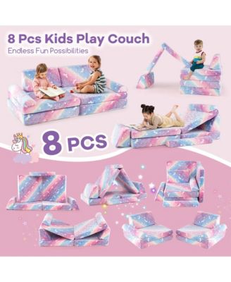 8 PCS Modular Kids Play Couch with Handles Machine Washable Covers for Building Fort