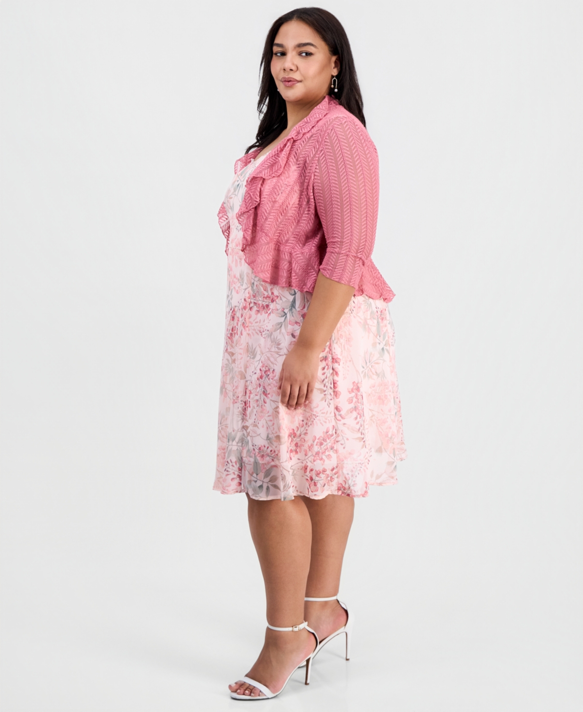 Connected Plus 2-Pc. Floral Chiffon Sleeveless Dress and Ruffle-Front Jacket