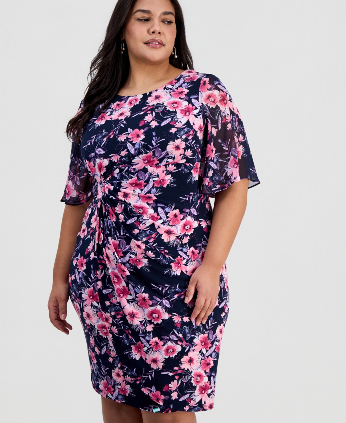 Connected Plus Printed Flutter-Sleeve Sheath Dress