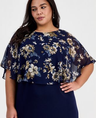Plus Size Floral- Chiffon Cape-Overlay Dress