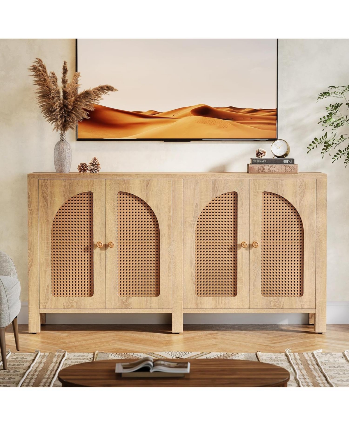 Tribesigns 59" Rattan Kitchen Storage Buffet Cabinet, with 4 Doors