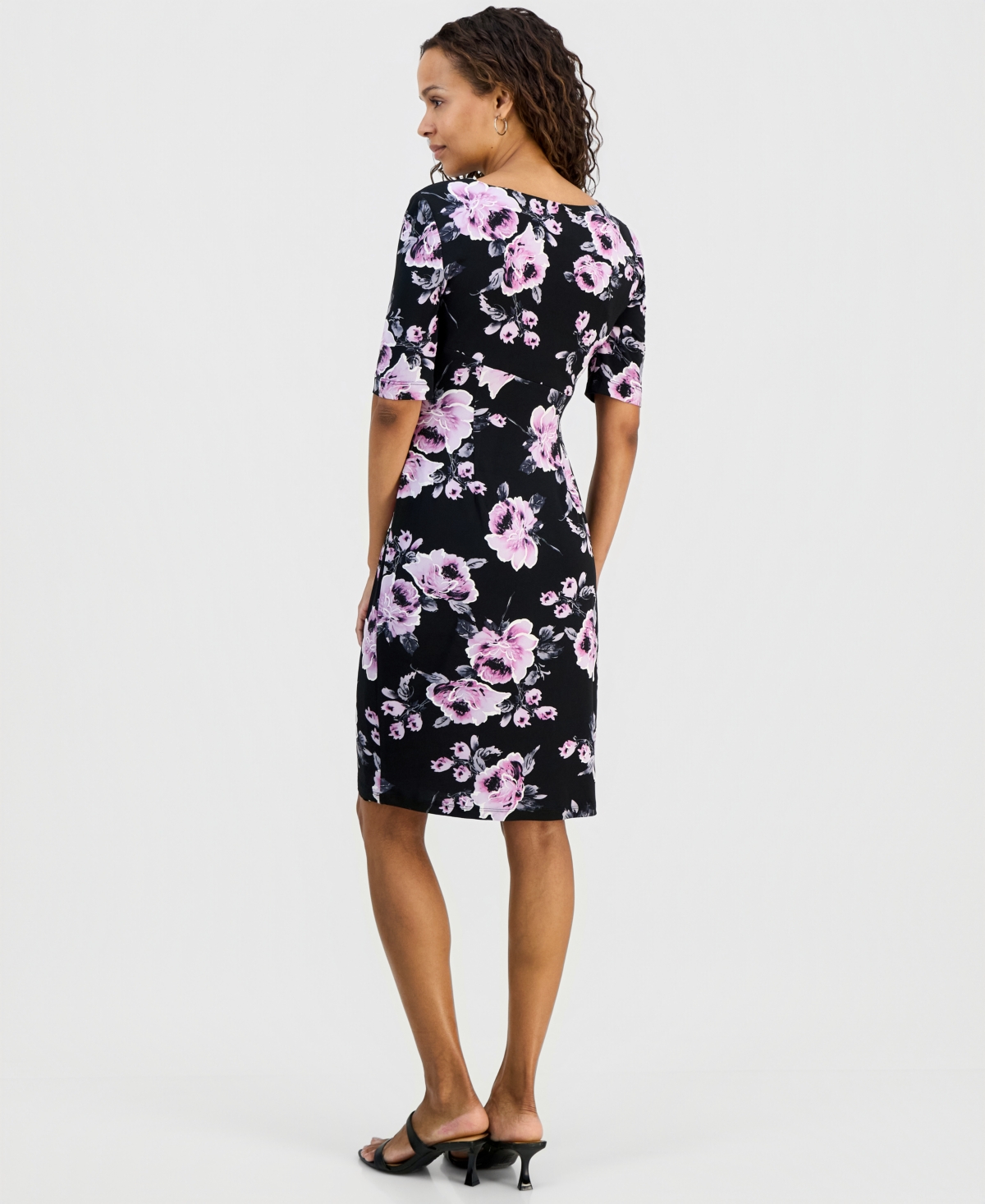 Connected Petite Floral Twist-Front Elbow-Sleeve Dress