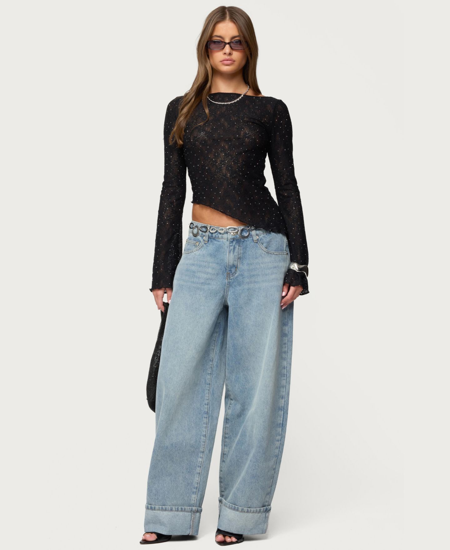 Женский топ Edikted Mare Asymmetric Gem Sheer Lace Top, цвет: Чёрный — фото 5