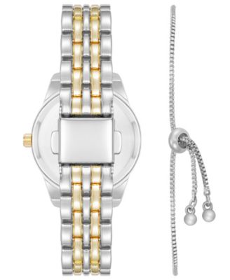 Women's Quartz Crystal Accented Champagne Dial Round Two-Tone Alloy Metal Watch Set, 26mm