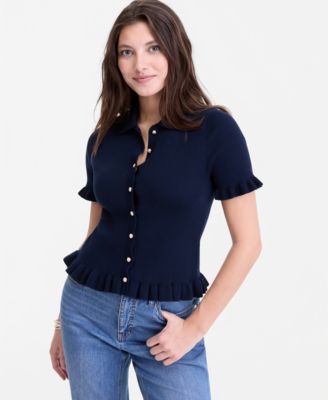 Women's Short-Sleeve Ruffle-Trim Collared Cardigan