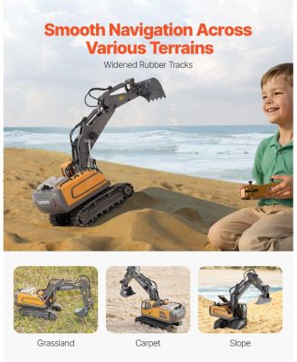 RC Excavator Toy, 11-Channel 1:20 Scale Digger with Lights & Sounds, Full-Function Construction Vehicle with 2 Batteries