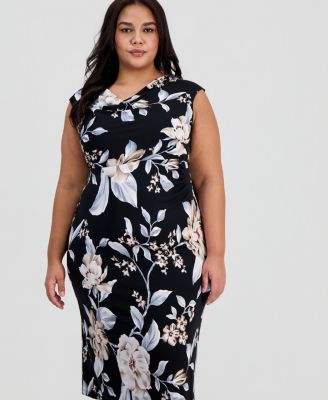 Plus Size Floral Draped-Neck Side-Tuck Dress