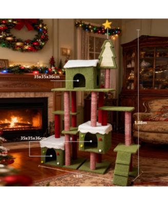 Festive Cat Tree with Star & Snow Designs, Multi-Level Play & Cozy Cabins