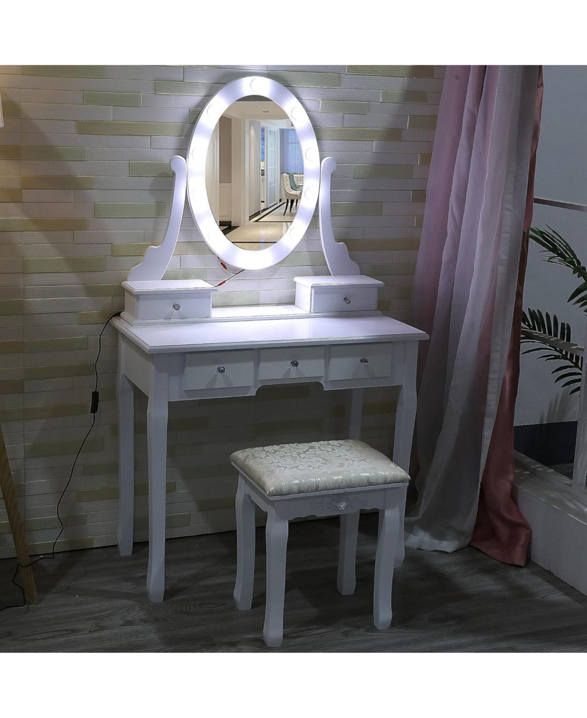 gaomon Vanity Desk With Mirror And Lights, Wood Makeup Dressing Table Oval & Stool,3 Colors Lighting Modes,Modern Bedroom W