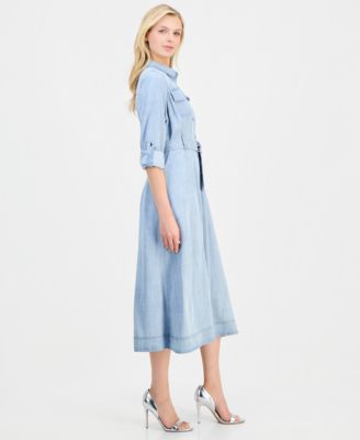 Women's Roll-Sleeve Denim Midi Shirtdress