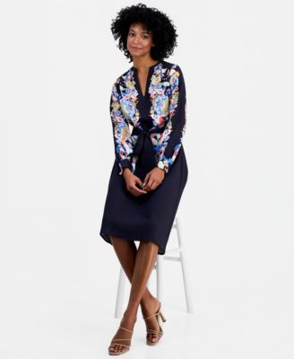 Women's Spllit-Neck Belted A-Line Dress