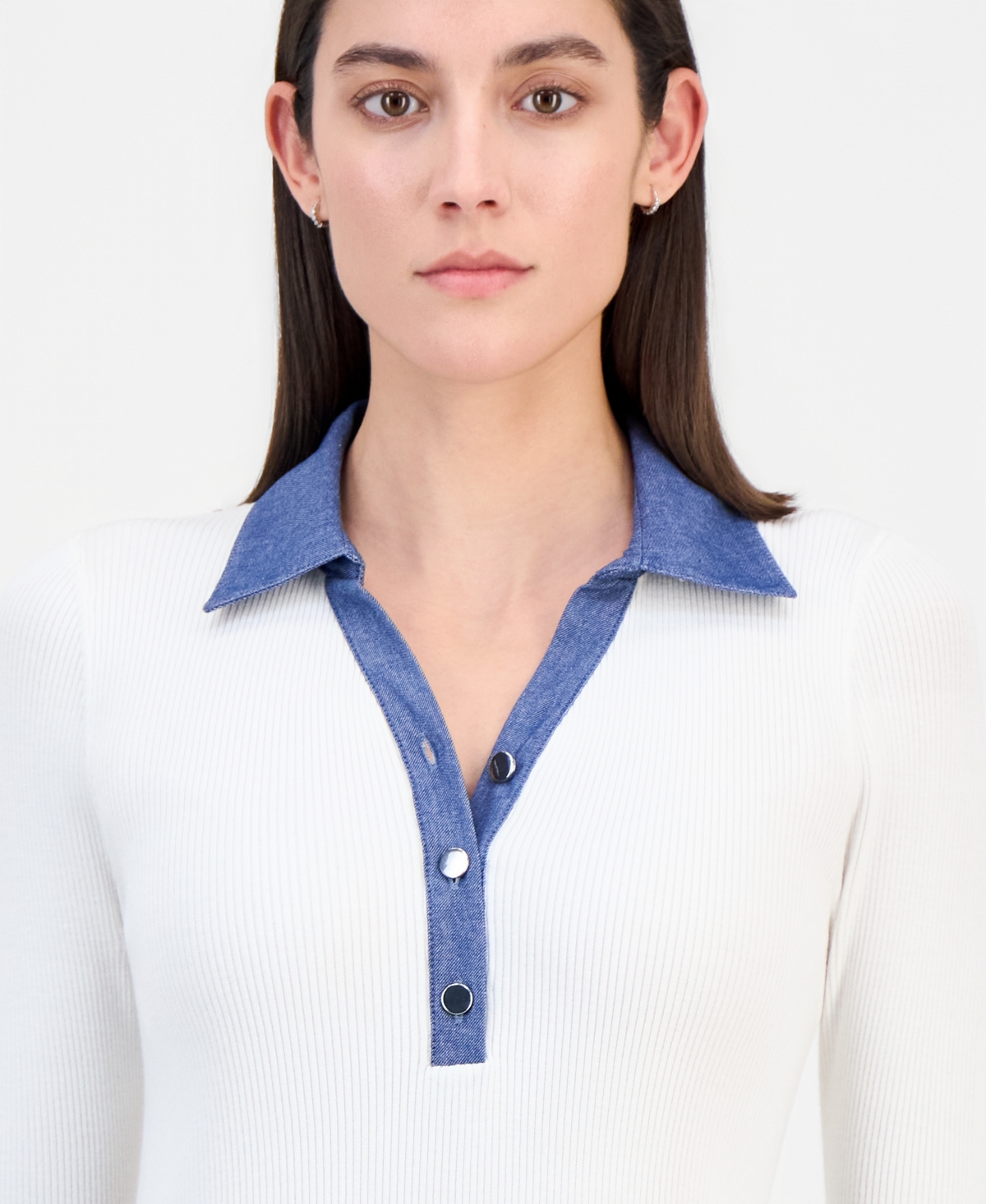 T Tahari Women's Contrast Collared Ribbed Knit Sweater