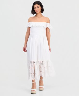 Women's Off-The-Shoulder Flounced Smocked Midi Dress