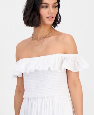 Women's Off-The-Shoulder Flounced Smocked Midi Dress