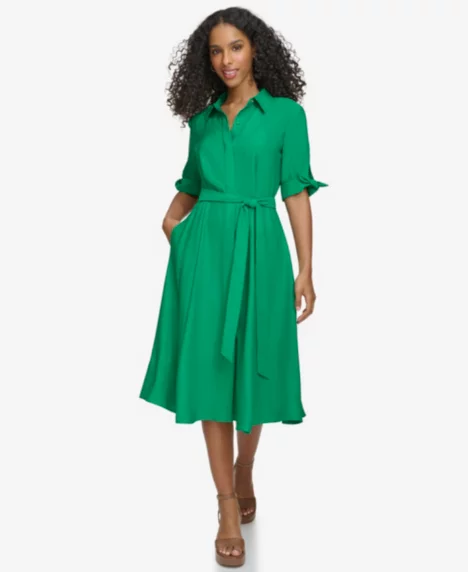 Petite Tie-Sleeve Collared Midi Shirt Dress - Meadow
