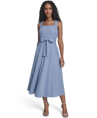 Women's Sleeveless Square Neck Self Sash Midi Dress